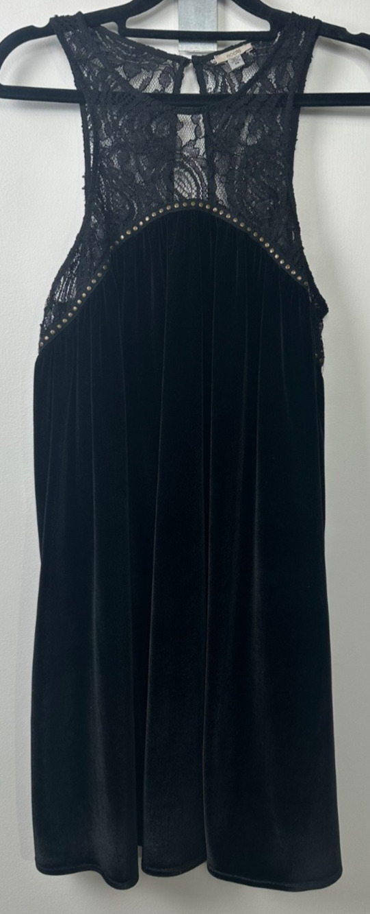 ECOTE M Urban Outfitters BLACK Velvet Lace STUDDED GOTH A-Line Dress party D22